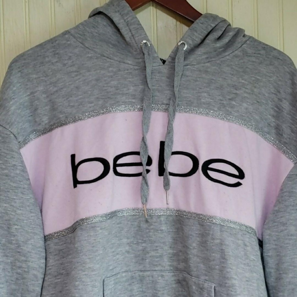 Bebe Sport Hoodie Womens‎ XL Gray Pink Colorblock Pullover Fleece Logo Glitter